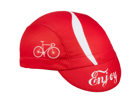 "Enjoy" Technical 4-Panel Cap.  Red cap with white stripe and bike icon.  Brim text Enjoy.  Angled view.