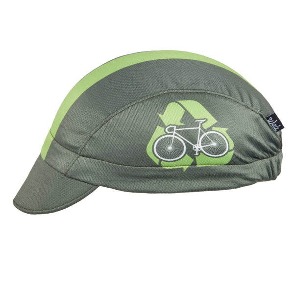 "We-Cycle" Technical 3-Panel Cap.  Olive green cap with light green stripe and bicycle re-cycle icon.  Side view.
