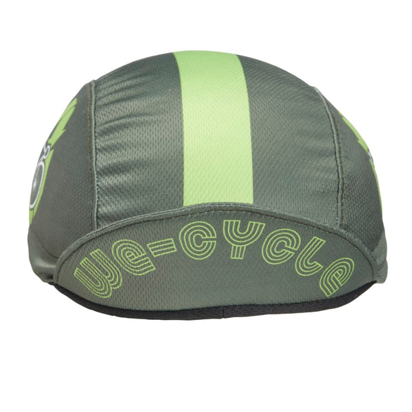 "We-Cycle" Technical 3-Panel Cap. Olive green cap with light green stripe and bicycle re-cycle icon. Bill up front view.
