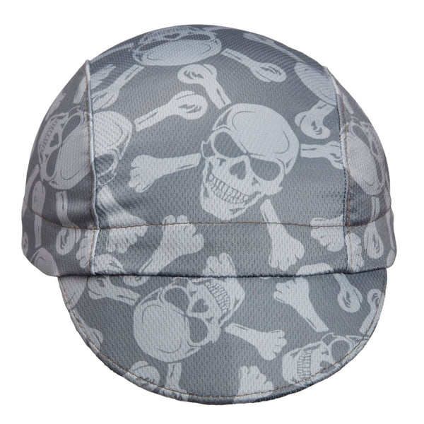 "Skull and Bones" Technical 3-Panel Cap.  Gray cap with white skull and bones print.  Front view. Bill down.