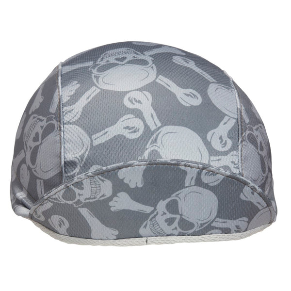 "Skull and Bones" Technical 3-Panel Cap.  Gray cap with white skull and bones print.  Front view. Bill up.
