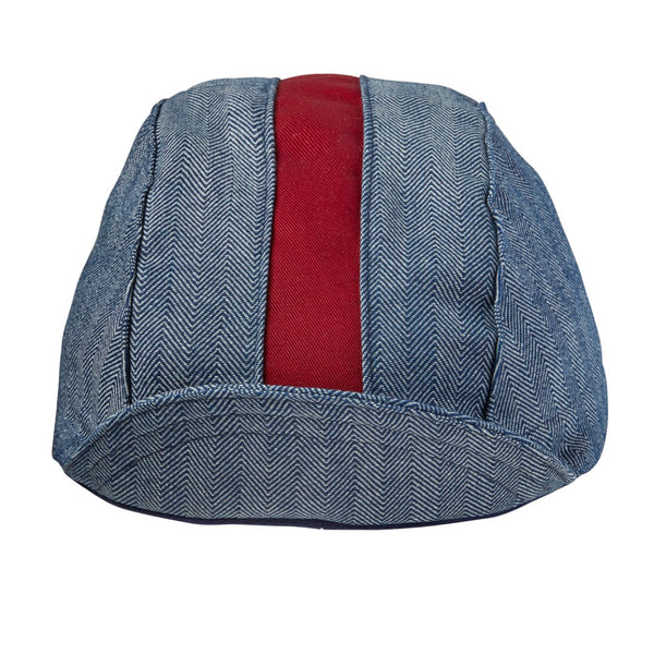 Navy Herringbone/Maroon Stripe Cotton 3-Panel Cap.  Brim up front view.