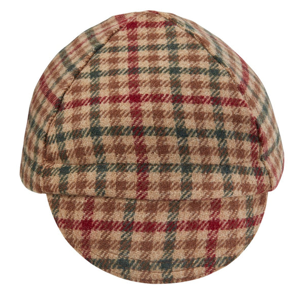 Tan Plaid Wool 4-Panel Wool Cap.  Tan, Red, and Green Plaid.  Front View.