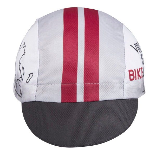 Virginia Technical 3-Panel Cycling Cap.  Gray and black cap with red stripes.  VIRGINIA IS FOR BIKE LOVERS text and Vermont outline on side. Front view.