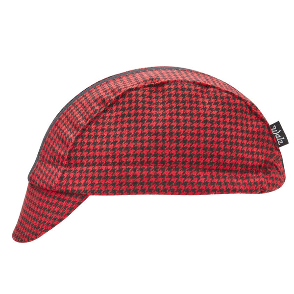 Red and Black Houndstooth Wool 3-Panel Cap with Black stripe. Side view