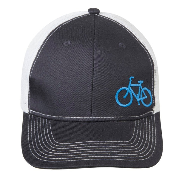 Navy and white trucker cap with embroidered light blue bicycle on front.  Front view.