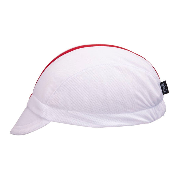 White/Red Stripe Technical 3-Panel Cap.  Side view.