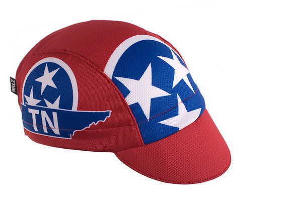 Tennessee Technical 3-Panel Cycling Cap.  Red cap with Tennessee flag imagery.  Angled view.