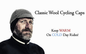 Bearded man with hounds-tooth cap and text: Classic Wool Cycling Caps and Keep Warm on Cold Day Rides!