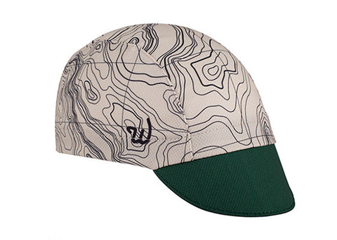 The "NPS" Trail Cap Technical 3-Panel Cap.  White topographic map design with green brim.  Angled view.