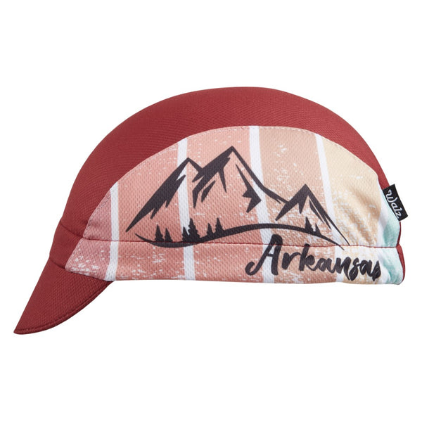 Arkansas Technical 3-Panel Cycling Cap. Red cap with mountain logo and Arkansas script.  Side view.