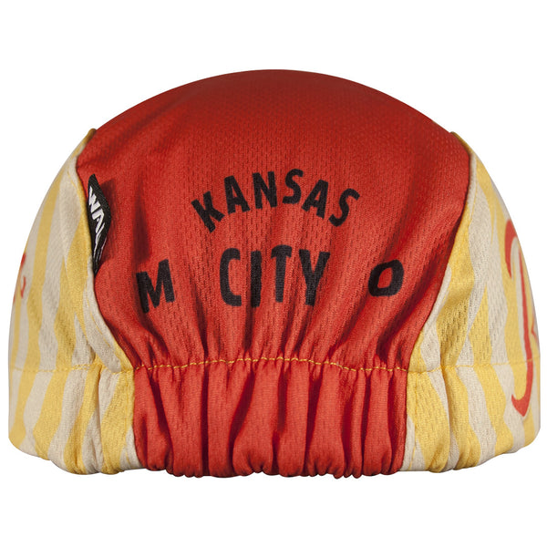 Boulevard Brewing Co. 3-Panel Technical Cycling Cap. Red and yellow cap with Kansas City MO text on back.  Back view.