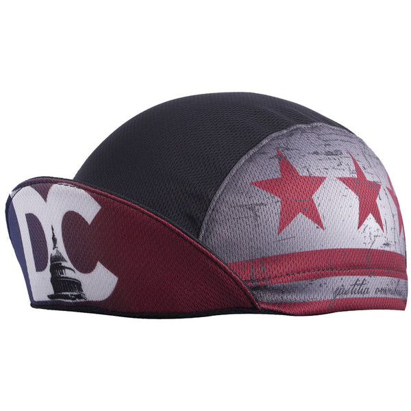 Washington DC Technical 3-Panel Cycling Cap.  Black cap with DC flag imagery on side.  Brim up angled view.