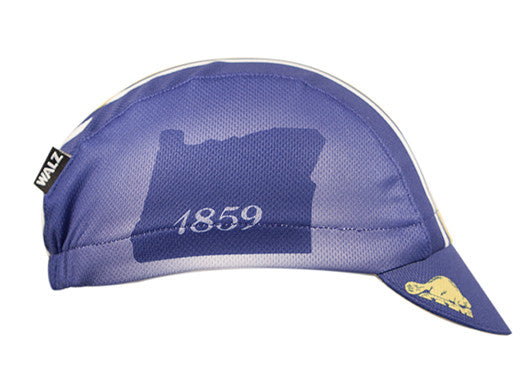 Oregon Technical 3-Panel Cycling Cap.  Blue and yellow cap with Oregon state outline on side and beaver icon on brim.  Side view.