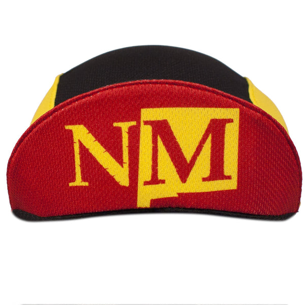 New Mexico 3-Panel Technical Cycling Cap.  Black and yellow cap with chilies on brim and NM text under brim.  Brim up front view.