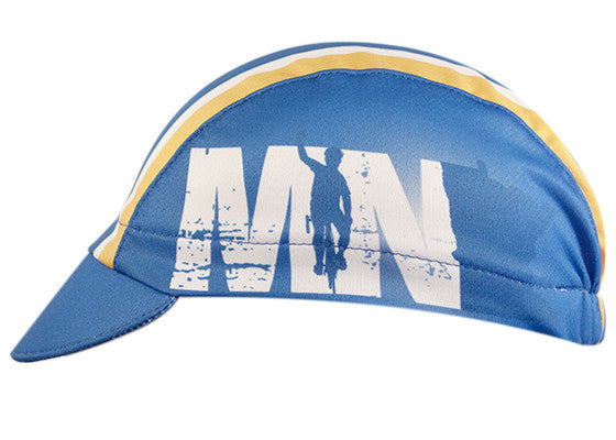 Minnesota Technical 3-Panel Cycling Cap.  Blue cap with yellow and white stripes and MN cyclist print on side.  Side view.