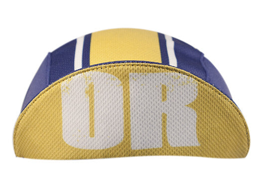 Oregon Technical 3-Panel Cycling Cap.  Blue and yellow cap with OR text under brim.  Brim up front view.