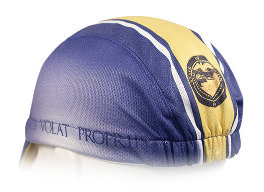 Oregon Technical 3-Panel Cycling Cap.  Blue and yellow cap with Alis volat propriis text on side and Oregon state seal on back.  Overhead back view.