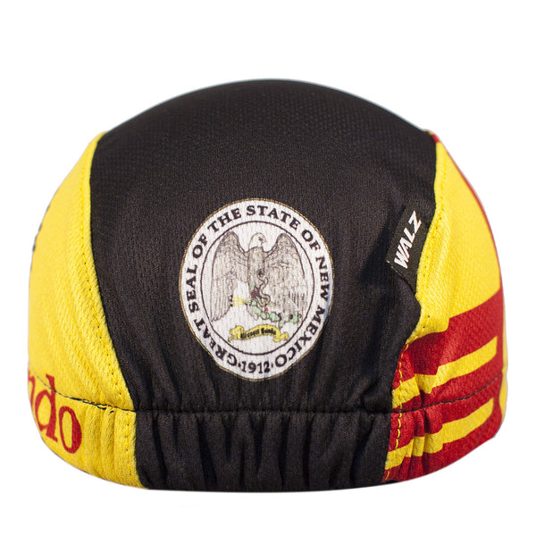 New Mexico 3-Panel Technical Cycling Cap.  Black and yellow cap with chilies on brim and New Mexico state seal on back.  Back view.