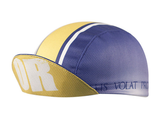 Oregon Technical 3-Panel Cycling Cap.  Blue and yellow cap with Alis volat propriis text on side and OR text under brim.  Brim up angled view.