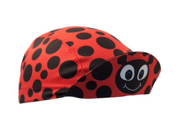 Lexi the Ladybug Kids Cap.  Red cap with black polka dots.  Brim up angled view.