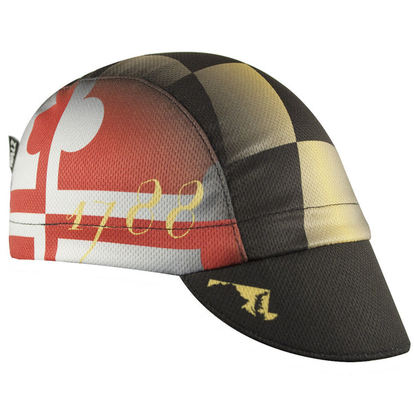 MarylandMaryland Technical 3-Panel Cycling Cap. Maryland flag print all over.  Angled view. Technical Cycling Cap Geography Caps