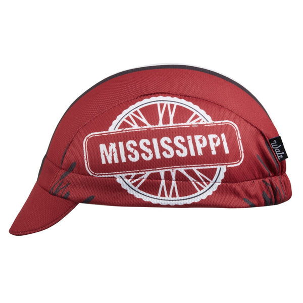 Mississippi Technical 3-Panel Cycling Cap.  Red cap with black and white stripes and bicycle gear icon with MISSISSIPPI text on side.  Side view.