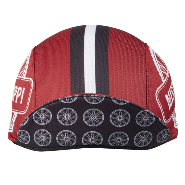 Mississippi Technical 3-Panel Cycling Cap.  Red cap with black and white stripes and bicycle gear print under brim.  Brim up front view.