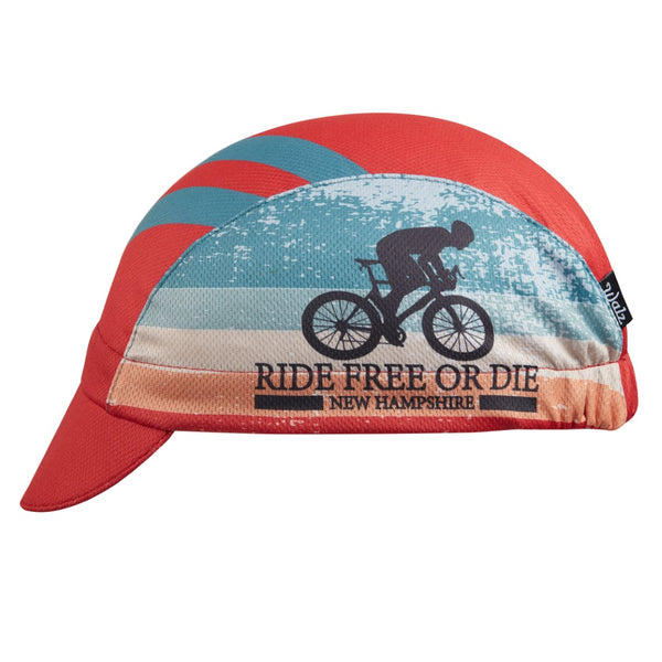 New Hampshire Technical 3-Panel Cycling Cap. Red cap with blue stripes and RIDE FREE OR DIE cyclist graphic on side. Side view.