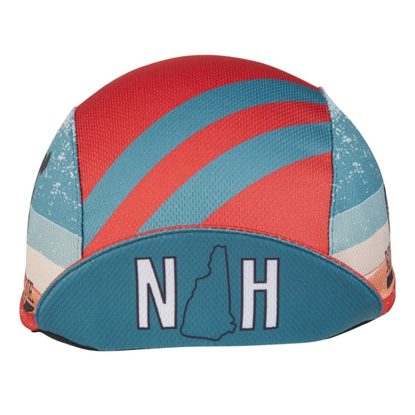 New Hampshire Technical 3-Panel Cycling Cap. Red cap with blue stripes and NH text under brim. Brim up front view.