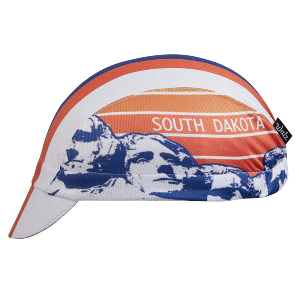 South Dakota Technical 3-Panel Cycling Cap. White and orange cap with blue and orange stripes.  SOUTH DAKOTA text and Mount Rushmore imagery on side.  Side view.