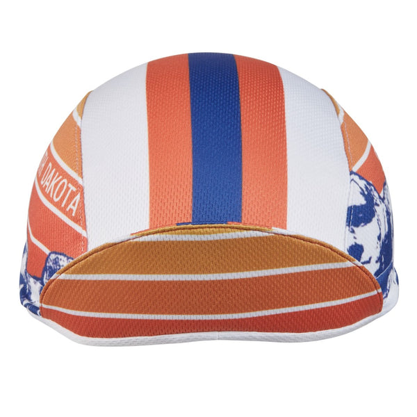 South Dakota Technical 3-Panel Cycling Cap. White and orange cap with blue and orange stripes.  SOUTH DAKOTA text and Mount Rushmore imagery on side.  Brim up front view.