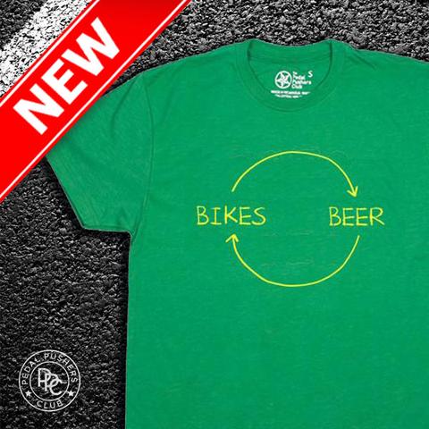 Green t-shirt with yellow arrow-line circle pointing to bikes, then to beer, and back to bikes.