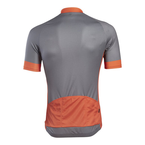 Short-Sleeve Gray Technical Jersey with orange accents on neck, cuffs, back pocket, and sides.  Back view.