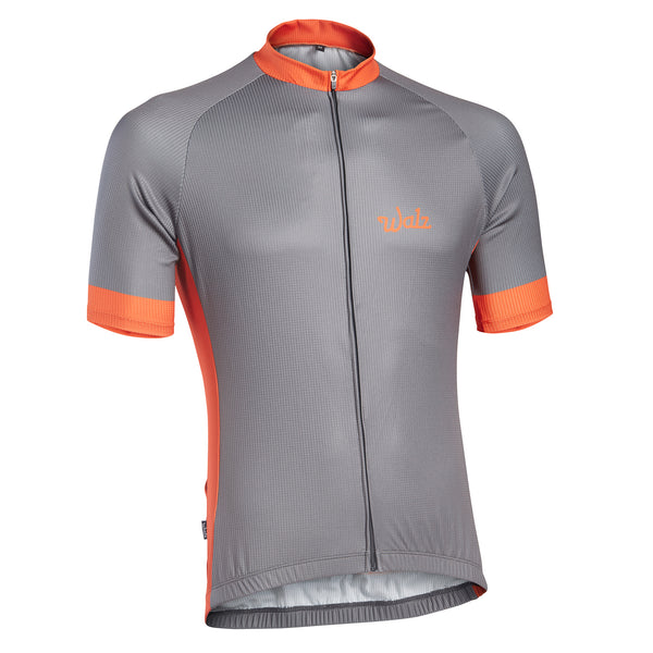 Short-Sleeve Gray Technical Jersey with orange accents on neck, cuffs, and sides.  Angled view.