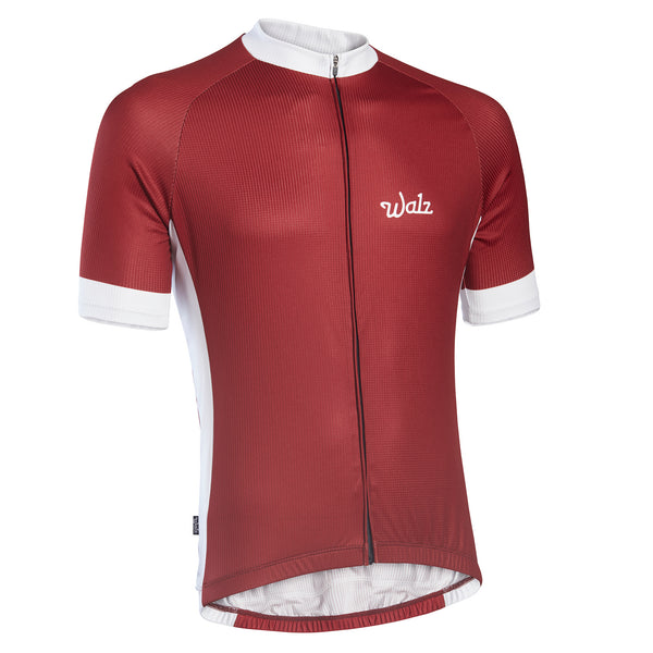 Red short-sleeve technical jersey with white accents on neck, cuffs, and sides.  Angled view.