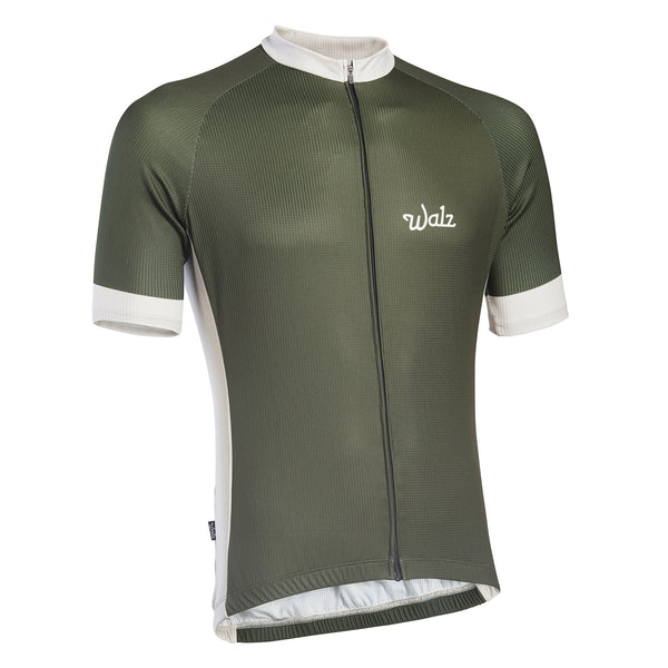 Short-sleeve green technical jersey with white accents on cuffs, neck, and sides.  Angled view.