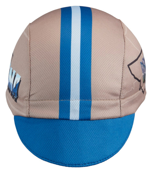 Montana Technical 3-Panel Cycling Cap.  Gray and blue cap with blue and white stripes and MONTANA text on the side.  Front view.