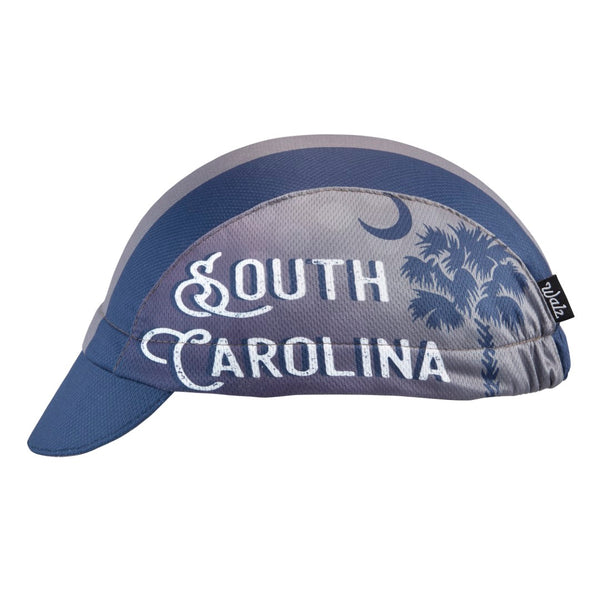South Carolina Technical 3-Panel Cycling Cap. Blue and gray cap with South Carolina text and palmetto imagery on side.  Side view.