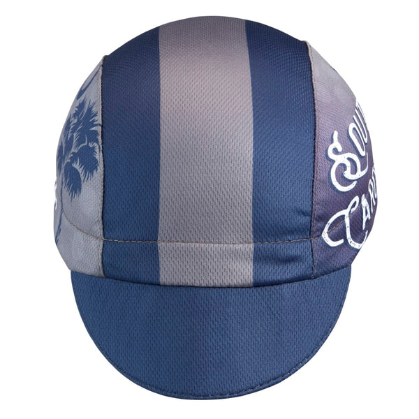 South Carolina Technical 3-Panel Cycling Cap. Blue and gray cap with South Carolina text and palmetto imagery on side.  Front view.