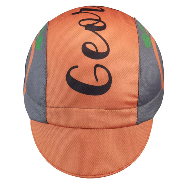 Georgia Technical 3-Panel Cycling Cap. Orange and gray cap with Georgia text on top and peach and bike icons on the side.  Front view.