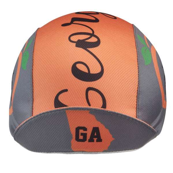 Georgia Technical 3-Panel Cycling Cap. Orange and gray cap with Georgia text on top and peach and Georgia state icon and GA text under brim..  Brim up front view.