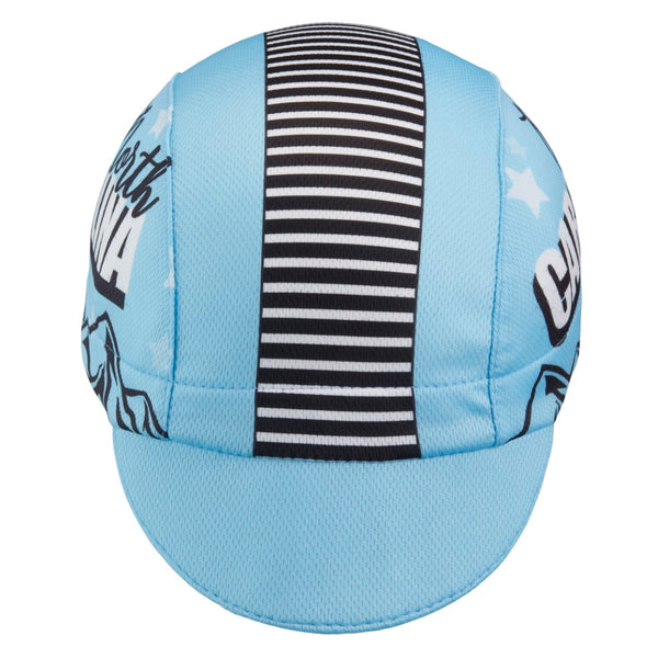 North Carolina Technical 3-Panel Cycling Cap.  Baby blue cap with black and white stripes on top and North Carolina text on side.  Front view.