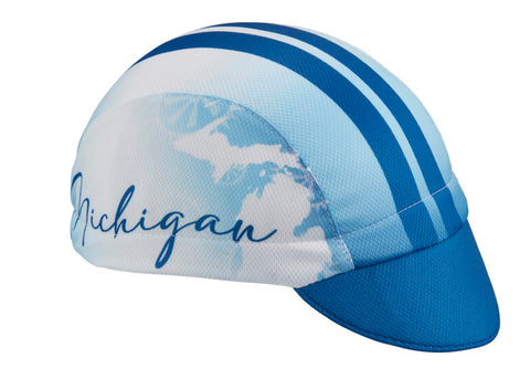 Michigan Technical 3-Panel Cycling Cap.  Blue and white cap with Michigan outline and Michigan text on side.  Angled view.
