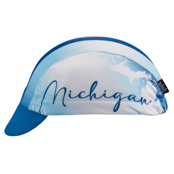 Michigan Technical 3-Panel Cycling Cap.  Blue and white cap with Michigan outline and Michigan text on side.  Side view.