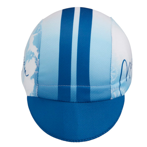 Michigan Technical 3-Panel Cycling Cap.  Blue and white cap with Michigan outline and Michigan text on side.  Front view.