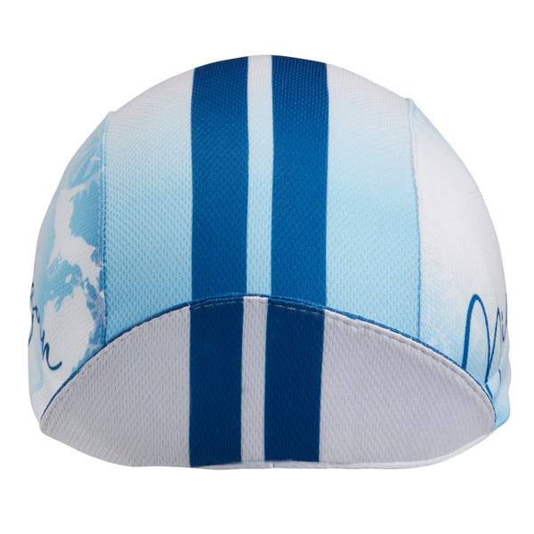 Michigan Technical 3-Panel Cycling Cap.  Blue and white cap with Michigan outline and Michigan text on side.  Brim up front view.