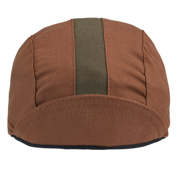Nutmeg/Olive Stripe Cotton 3-Panel Cycling Cap. Brim up front view.