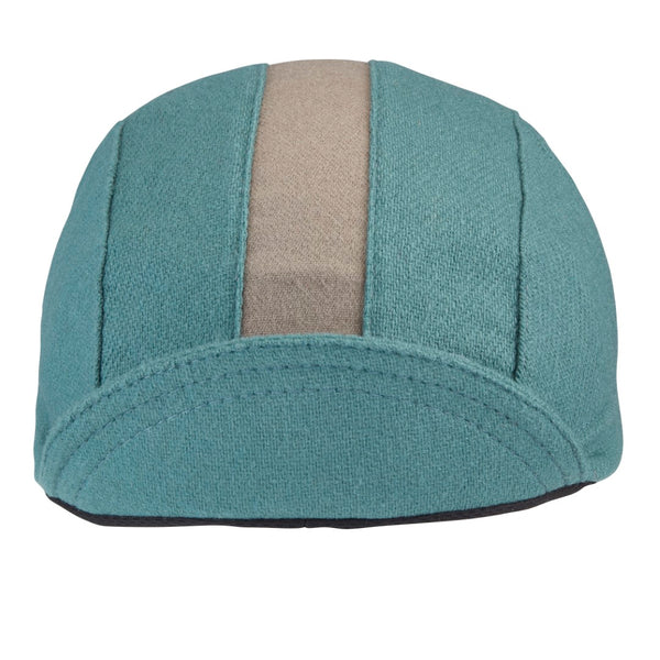 Jade/Taupe Stripe Wool 3-Panel Cap.  Brim up front view.