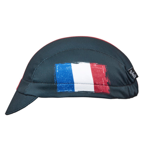 France Technical 3-Panel Cycling Cap. Black with red white and blue stripes and French flag on the side.  Side view.